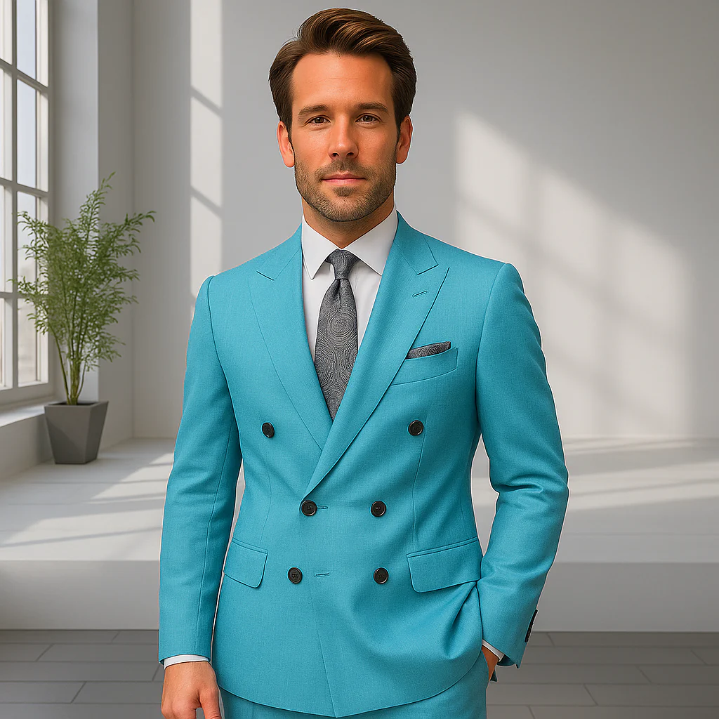 Wool Suit - Italian Made Business Suit by Statement Men's 2 Piece 100% Wool Double Breasted Suit - Pinstripe Pattern - Image 3