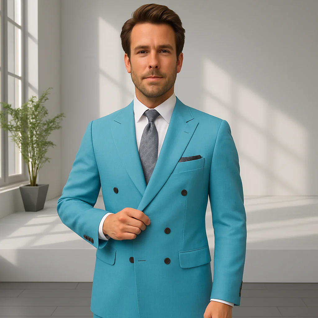 Wool Suit - Italian Made Business Suit by Statement Men's 2 Piece 100% Wool Double Breasted Suit - Pinstripe Pattern - Image 4