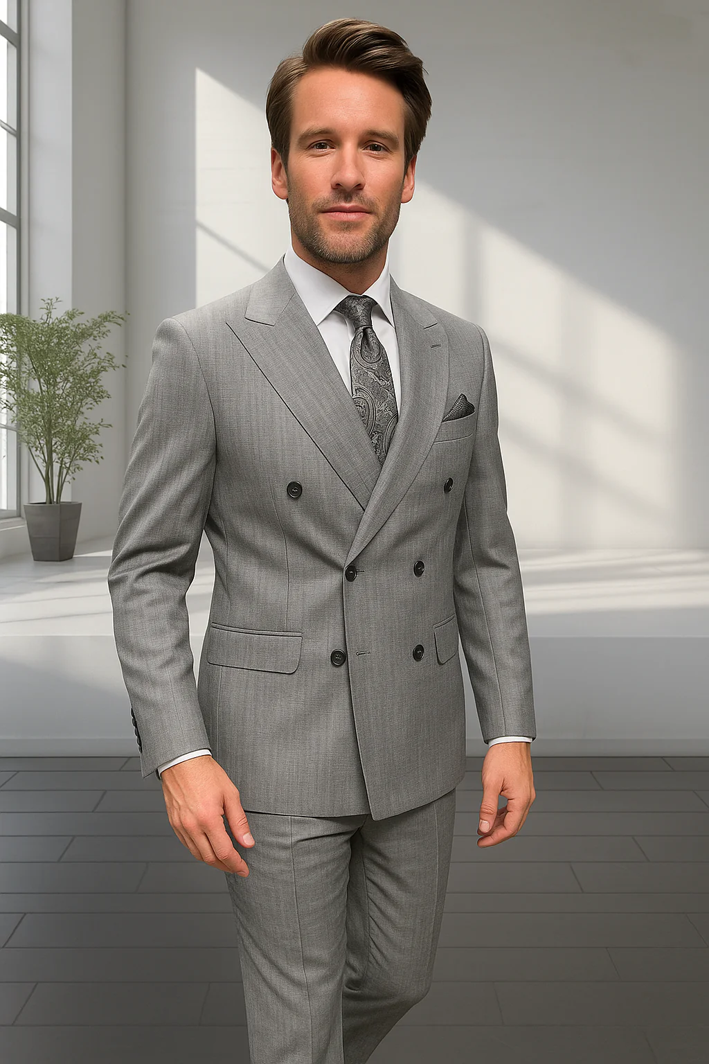 Wool Suit - Italian Made Business Suit by Statement Men's 2 Piece 100% Wool Double Breasted Suit - Pinstripe Pattern - Image 6