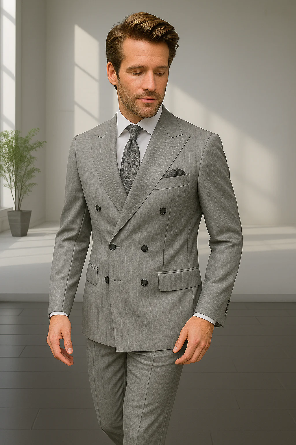 Wool Suit - Italian Made Business Suit by Statement Men's 2 Piece 100% Wool Double Breasted Suit - Pinstripe Pattern - Image 7