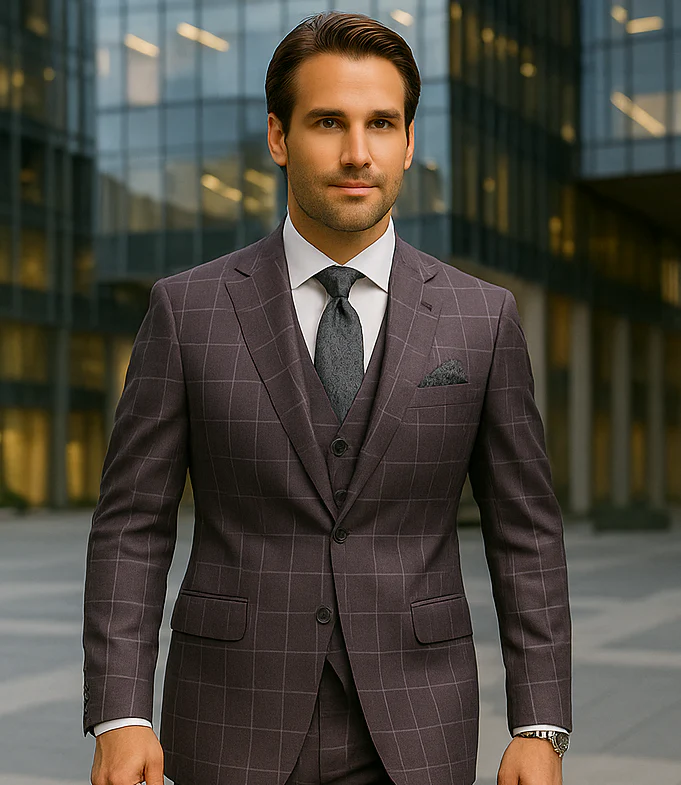 Wool Suit - Italian Made Business Suit by Statement Men's 3 Piece 100% Wool Modern Fit Suit - Fashion Pattern - Image 2