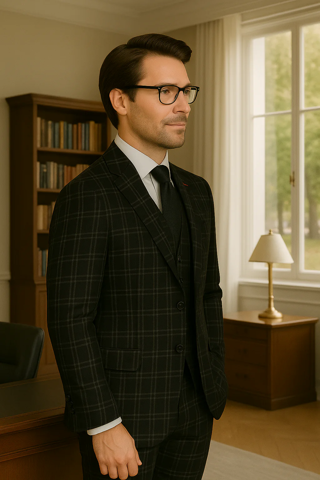 Wool Suit - Italian Made Business Suit by Statement Men's 3 Piece 100% Wool Modern Fit Suit - Plaid Pattern - Image 4